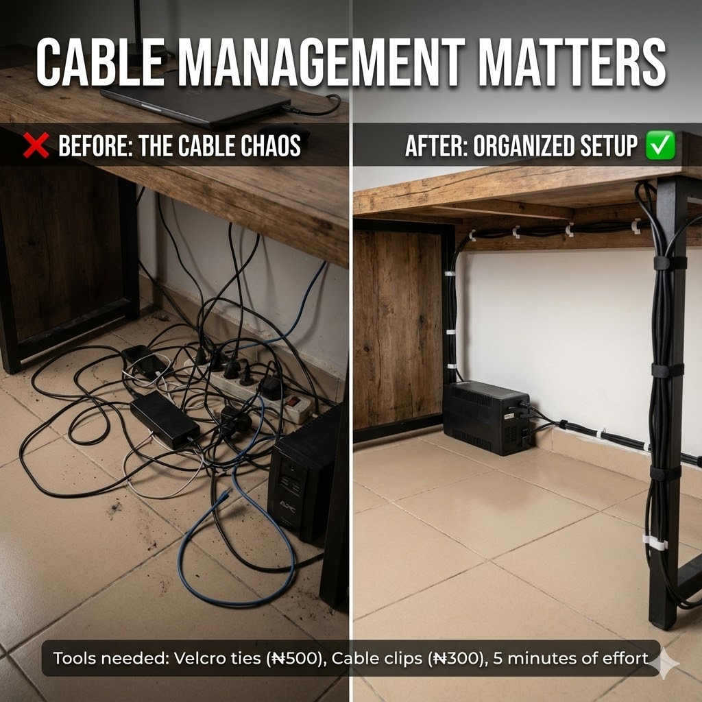Split image showing messy tangled cables under desk versus organized cable management using velcro ties and cable clips in Nigerian home office