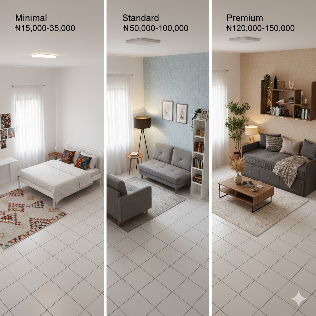 Budget apartment makeover Nigeria showing three different price levels from 15000 to 150000 naira with furniture and decor examples Lagos