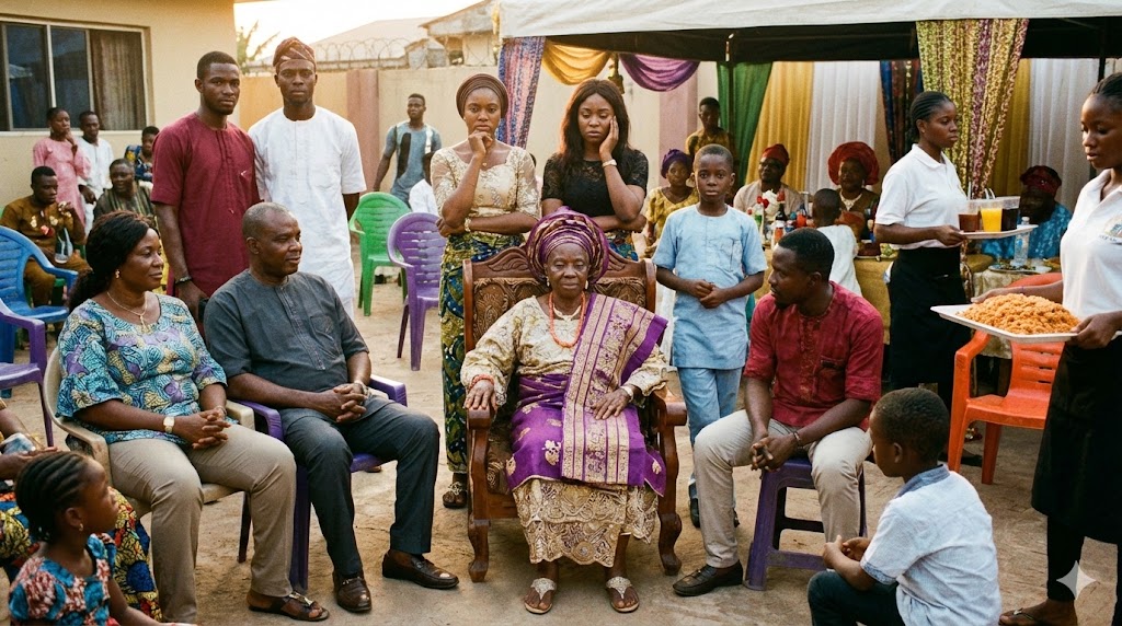 Multi-generational Nigerian family gathering showing traditional hierarchy and extended family dynamics during celebration
