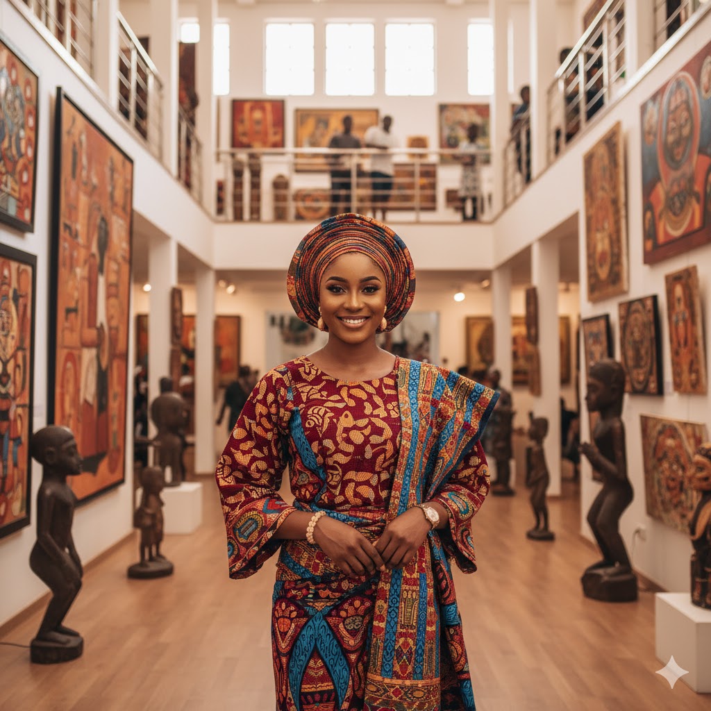 Nigerian woman in traditional Yoruba costume poses with colorful artworks displayed on walls at Nike Art Gallery, showcasing free cultural weekend activities in Lagos.