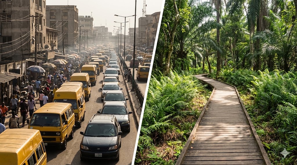 Split-screen comparison showing chaotic Lagos traffic with crowded streets and yellow buses on the left versus serene empty wooden boardwalk at LUFASI Nature Park surrounded by green forest on the right